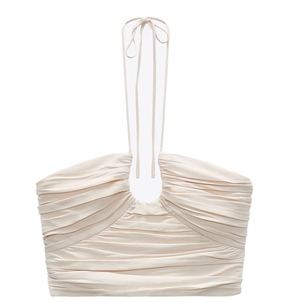 Zara Cream Ruched Halter Crop Top